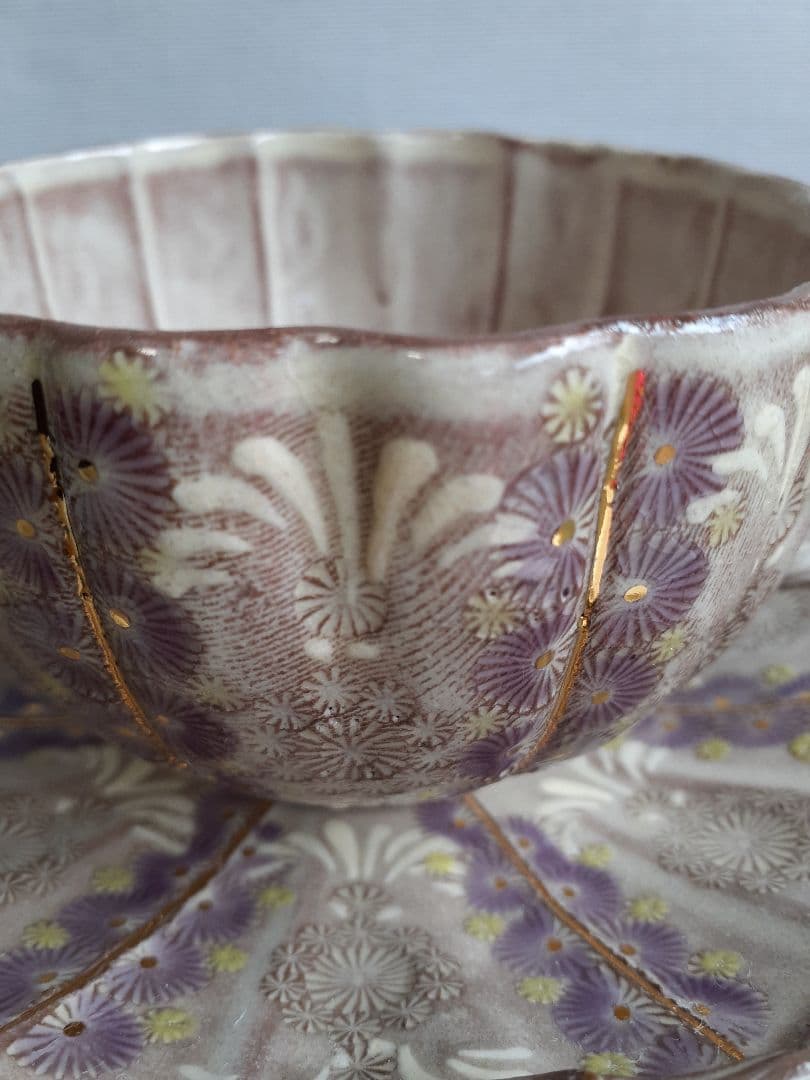 京焼　清水焼　紫彩華紋　竹華珈琲碗皿　陶楽　カップ&ソーサー