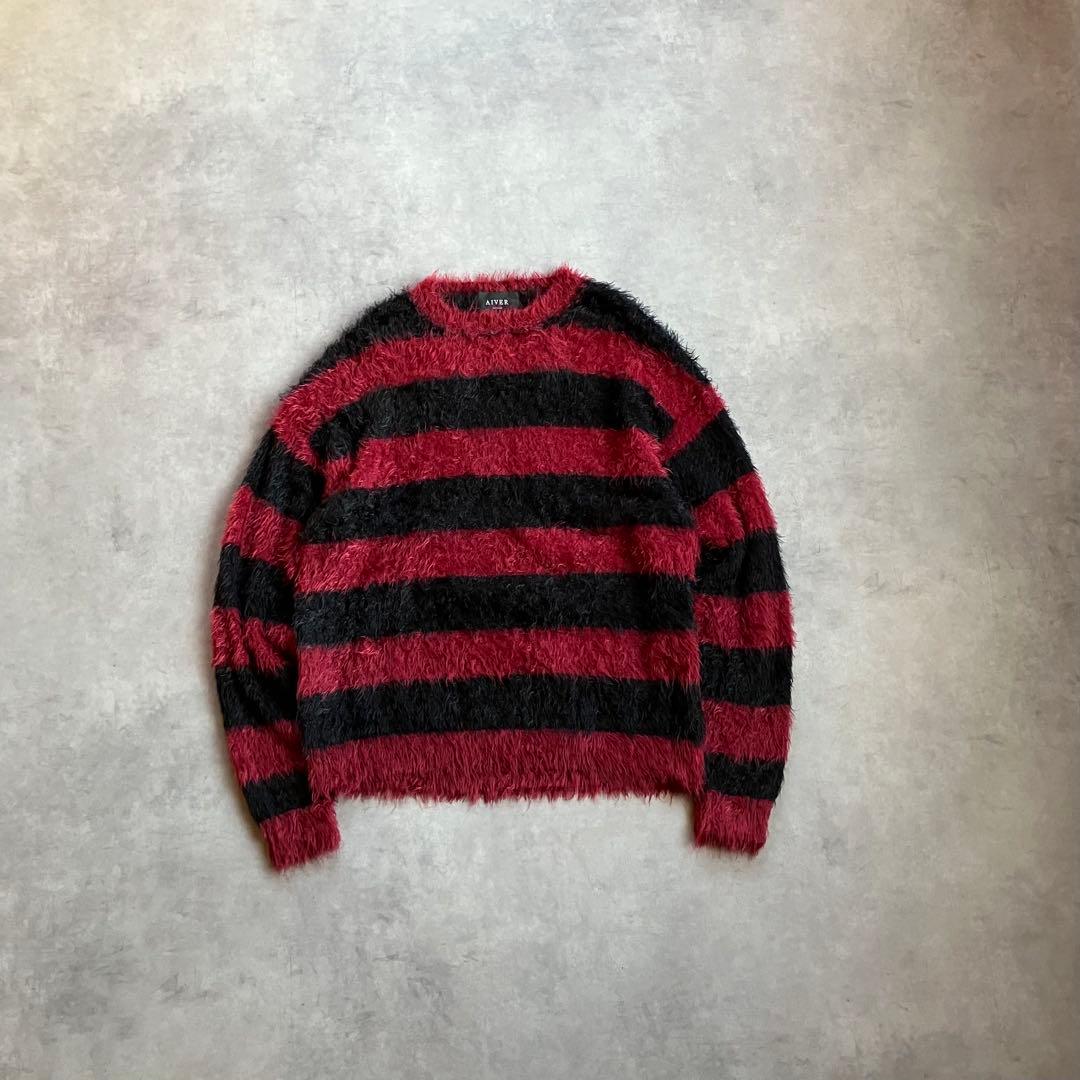 トップス 00s y2k border shaggy knit grunge punk