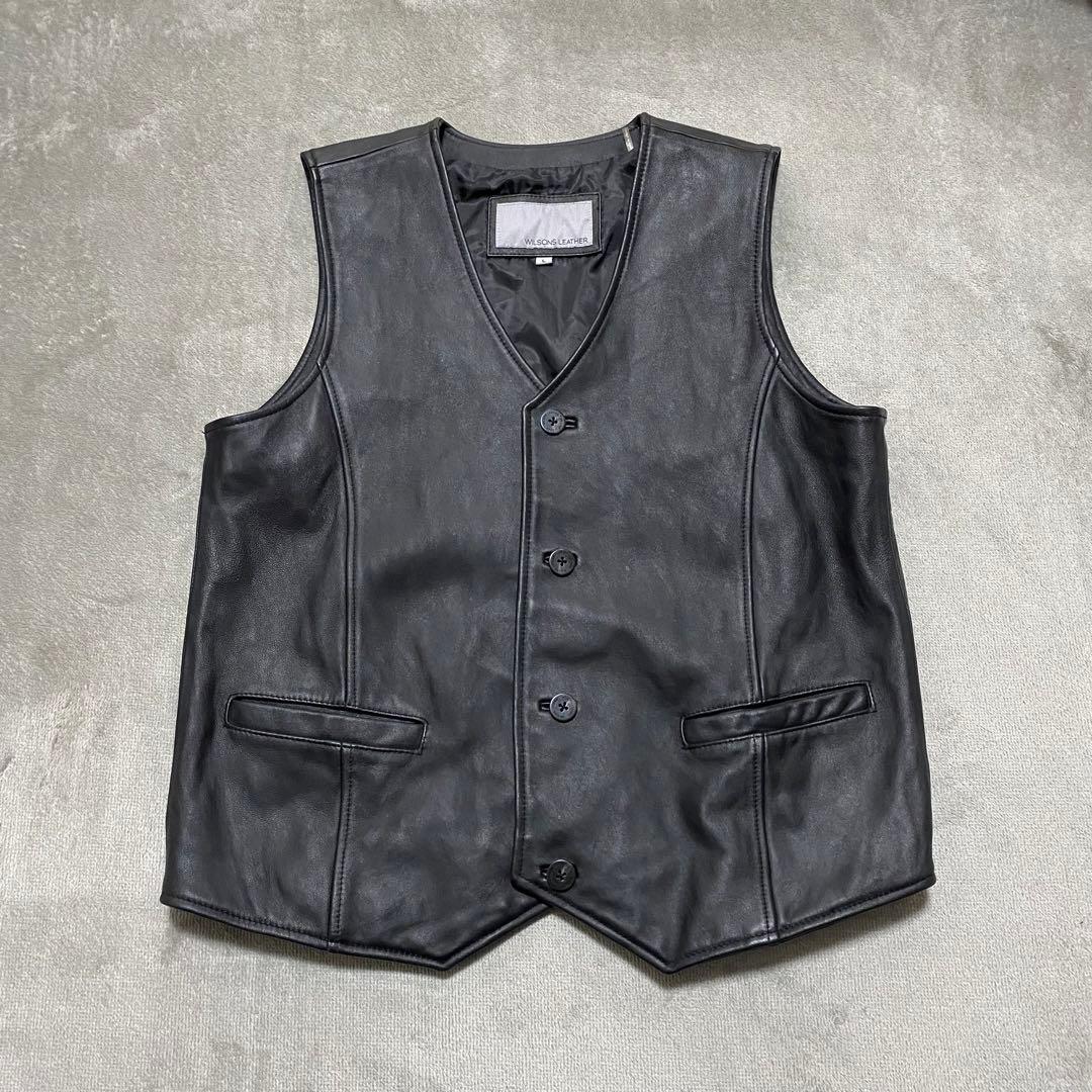 WILSONS LEATHER 本革 レザーベストLブラック シンプル メンズ