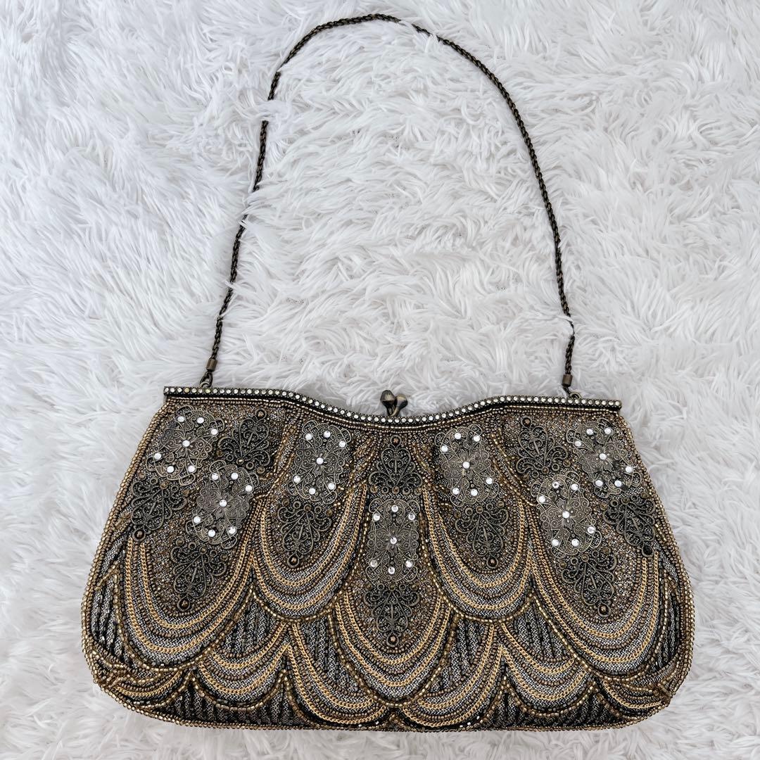 【極美品】LUMYルミーはしもと がま口ビーズバッグ ブロンズ 皇室御用達