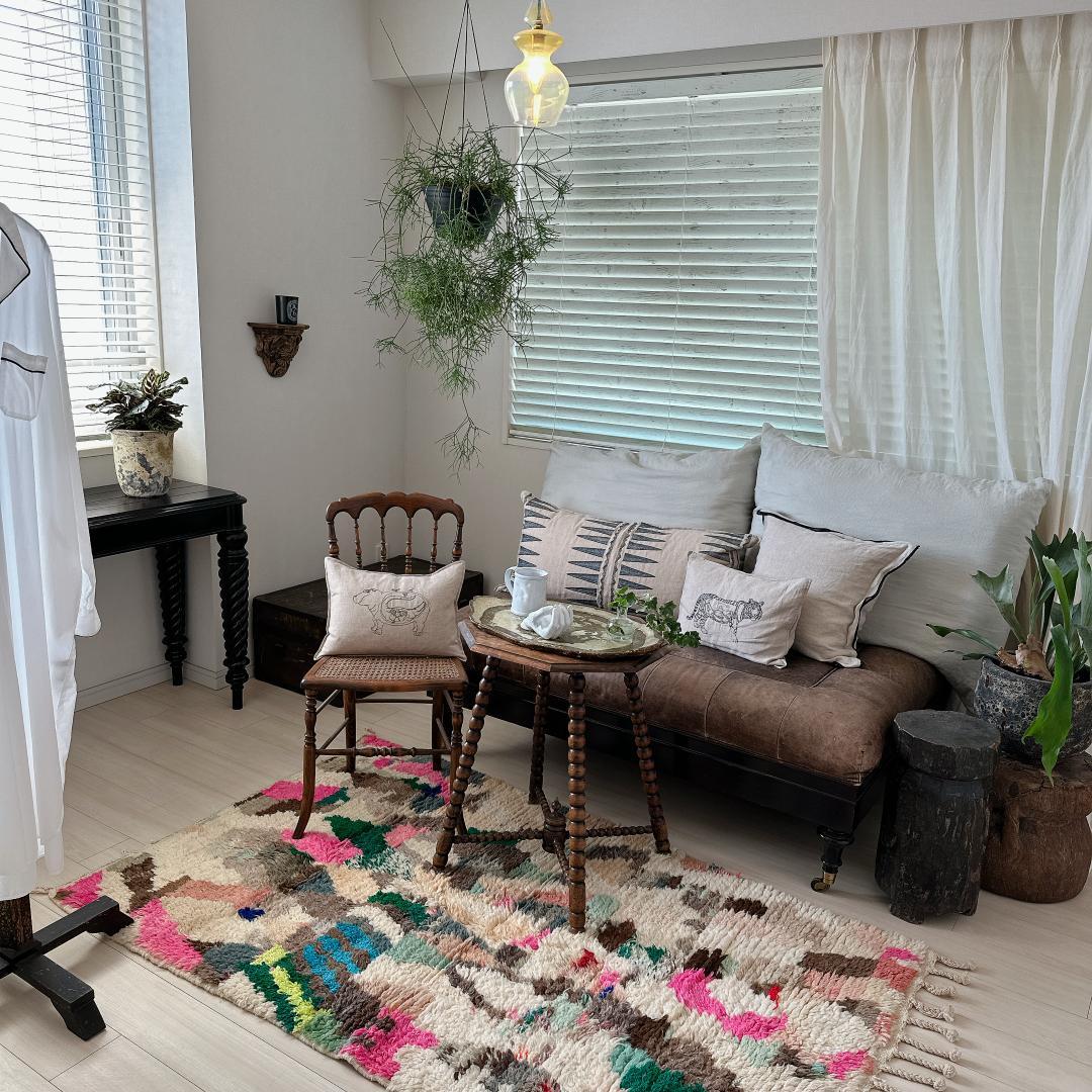 モロッコ製ヴィンテージラグ146 レア ピンク ミントグリーン ブルー