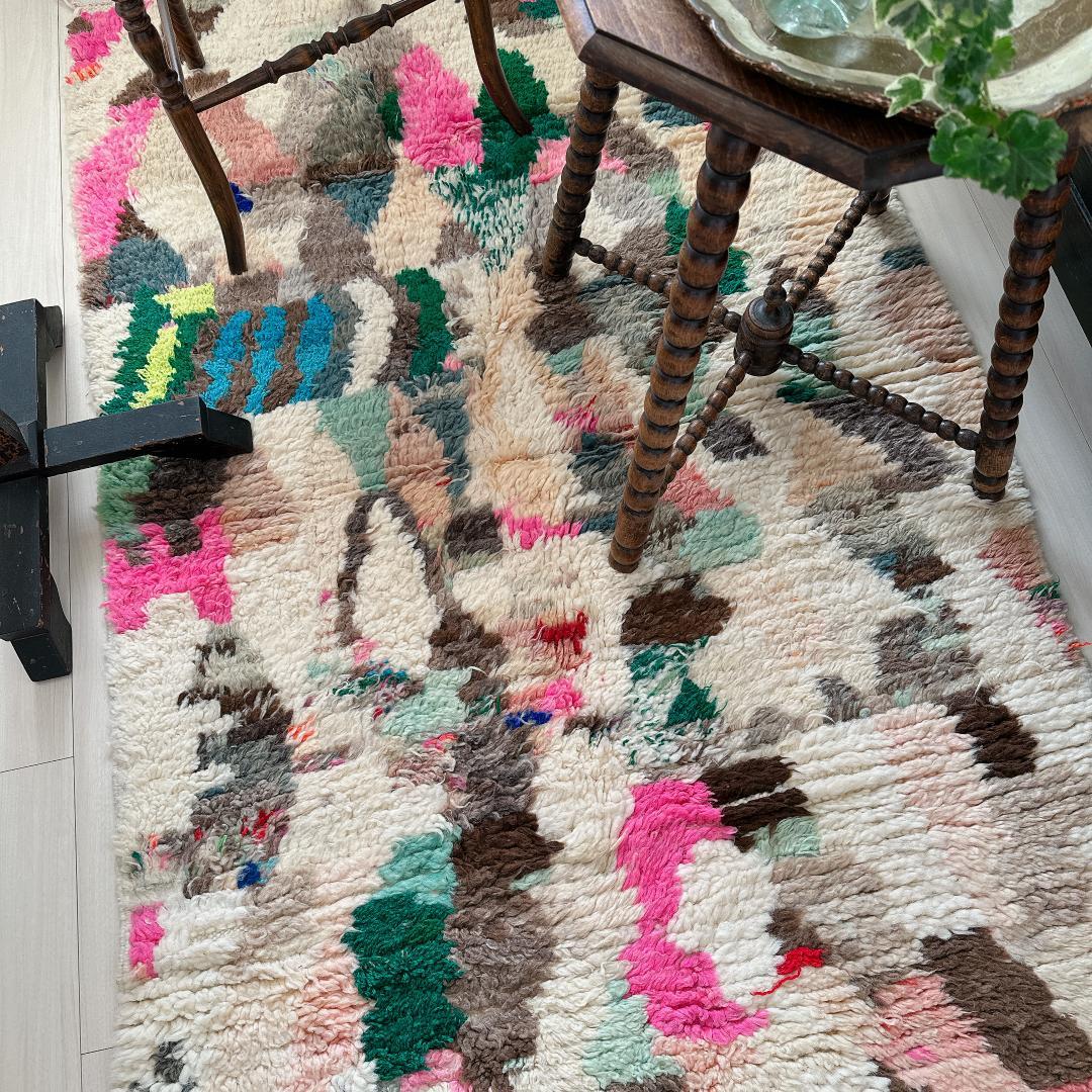 モロッコ製ヴィンテージラグ146 レア ピンク ミントグリーン ブルー