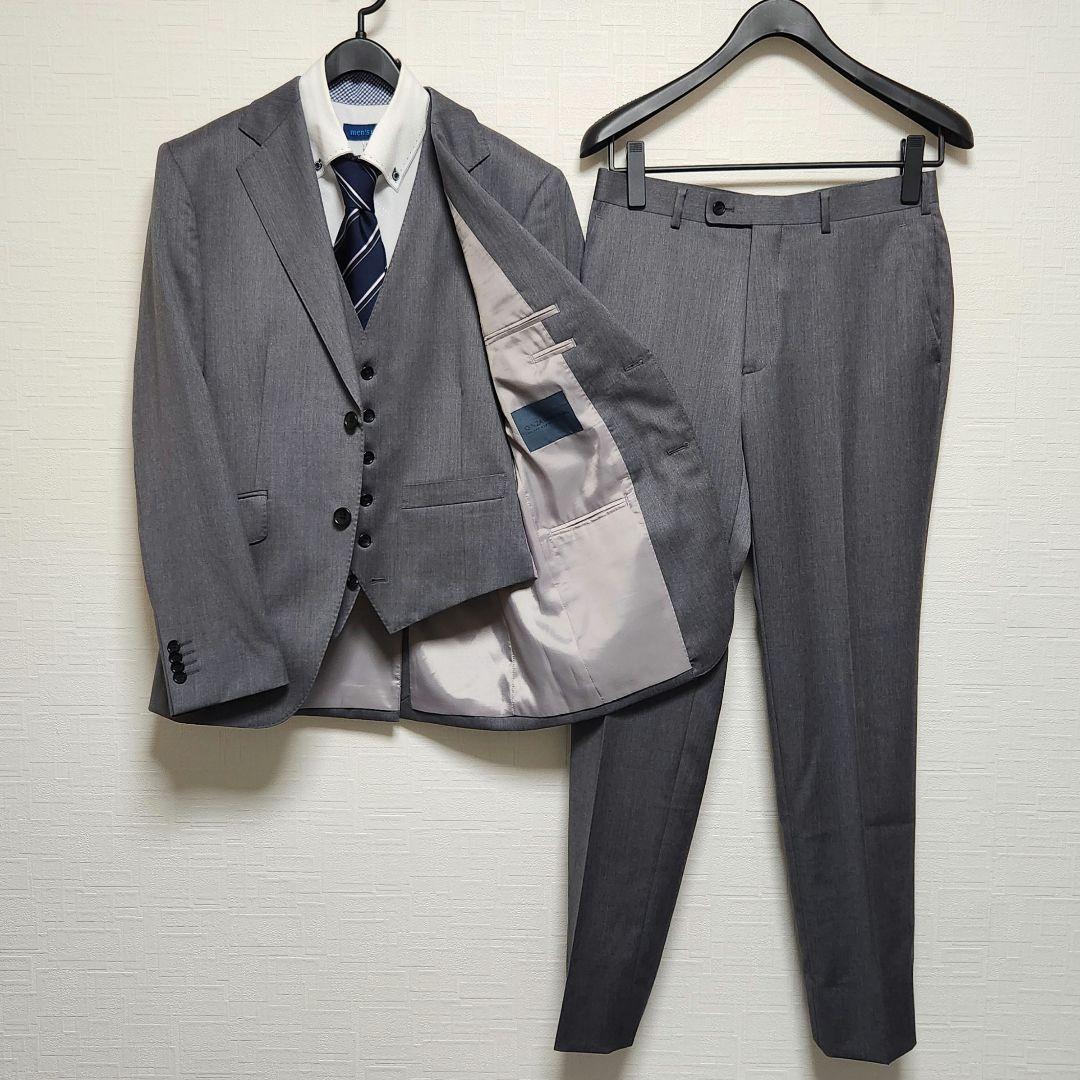 グローバルスタイル　メンズ　スーツ　スリーピース　エストラート生地　グレー　無地