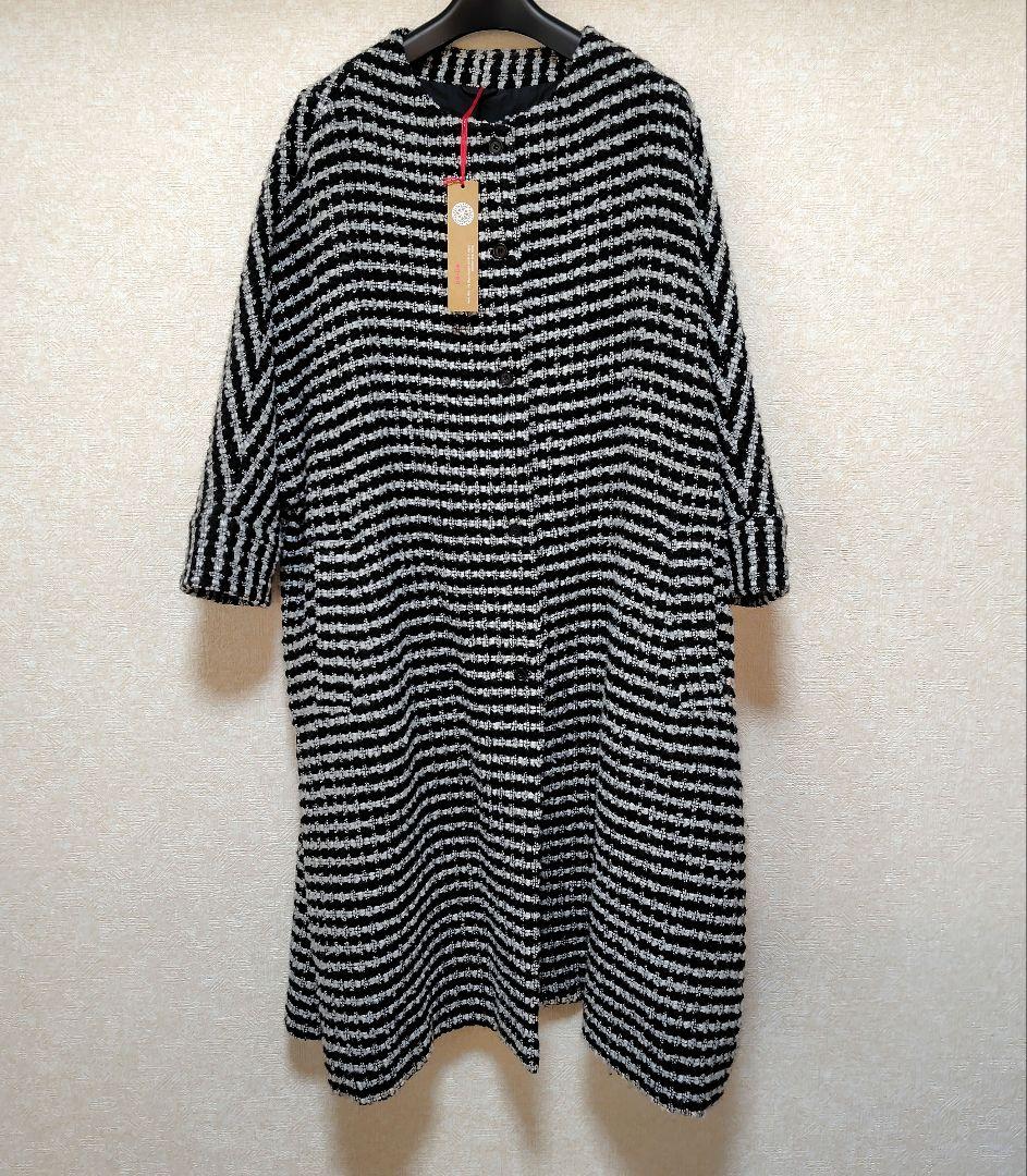 ノーカラーウール混紡ツイードドルマンスリーブコート