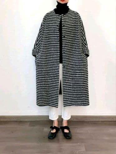 ノーカラーウール混紡ツイードドルマンスリーブコート