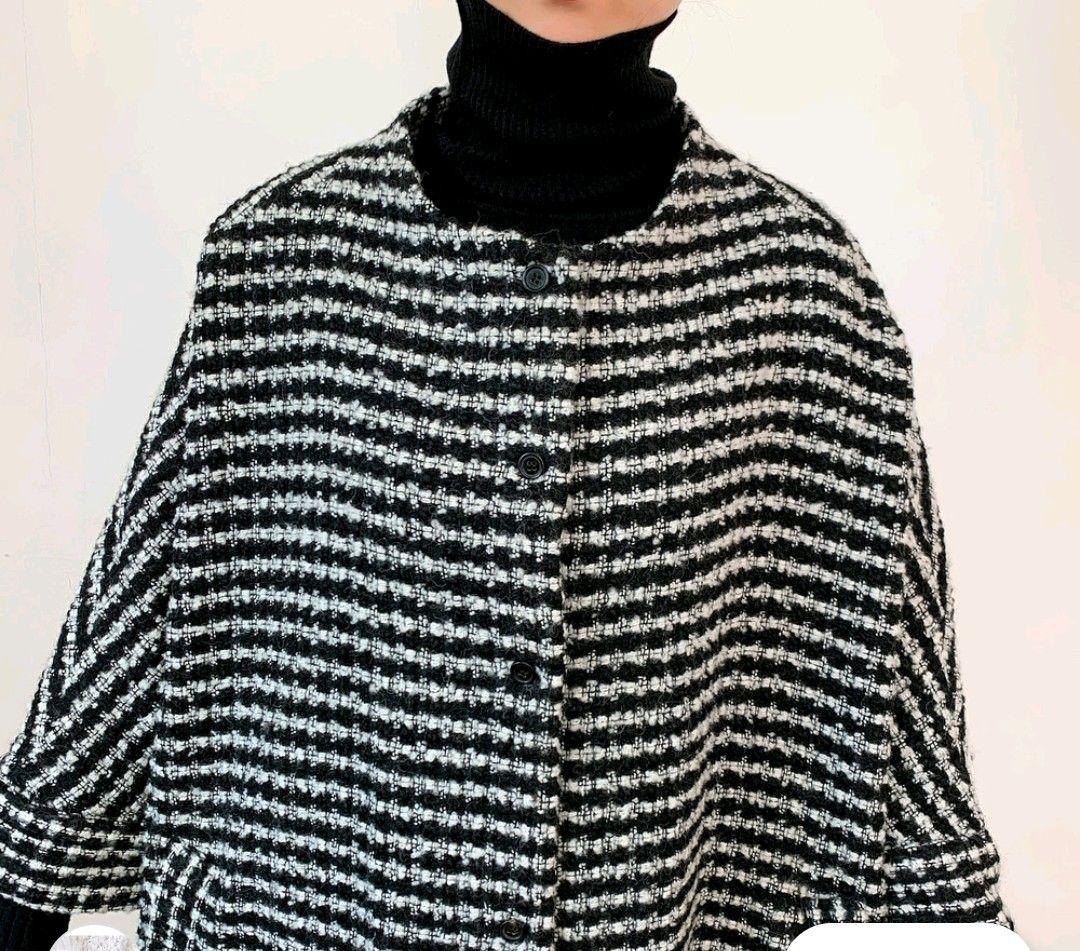 ノーカラーウール混紡ツイードドルマンスリーブコート