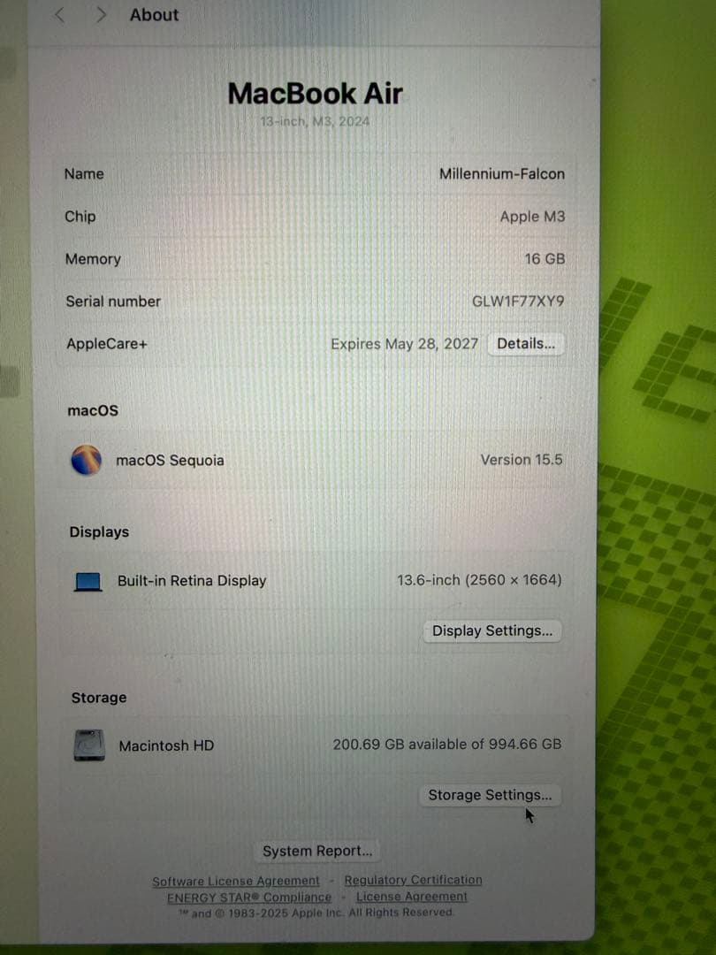 MacBook A i r 13 (M3 16gb 1TB) アップルケアあり