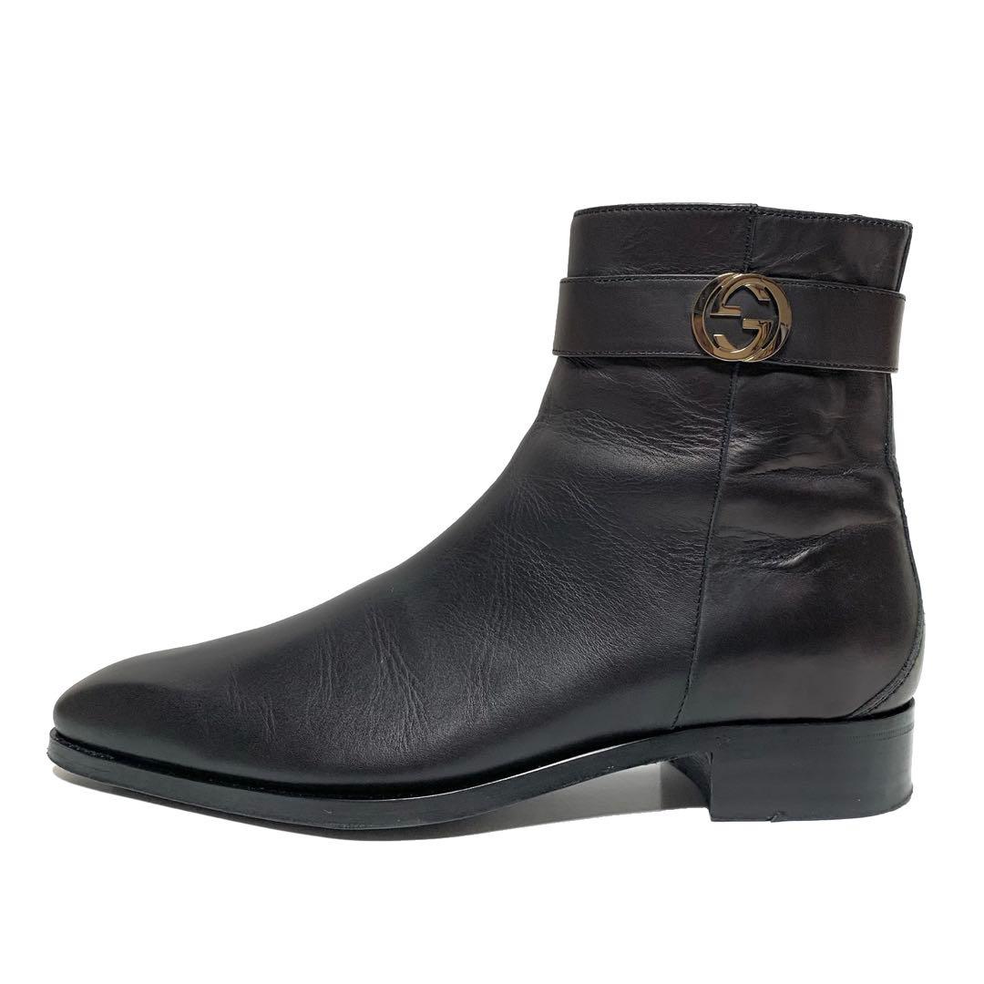 良品 グッチ インターロッキングG サイドジップ レザー ブーツ 黒 イタリア製