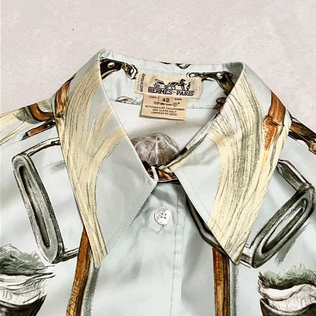★美品★エルメス　シルクシャツ　シルクブラウス　40 ブーツ柄 馬具柄