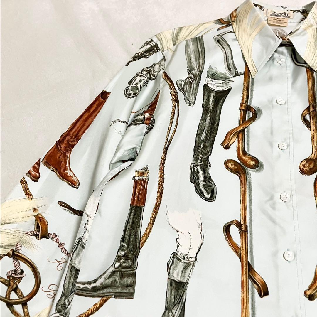 ★美品★エルメス　シルクシャツ　シルクブラウス　40 ブーツ柄 馬具柄