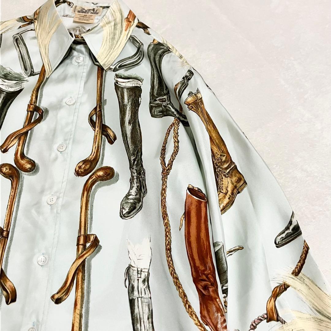 ★美品★エルメス　シルクシャツ　シルクブラウス　40 ブーツ柄 馬具柄