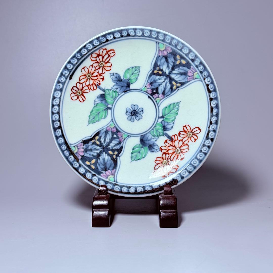 五代　佐藤走波　七十五才　染錦鉄仙花紋カップ＆ソーサー　コレクター放出品