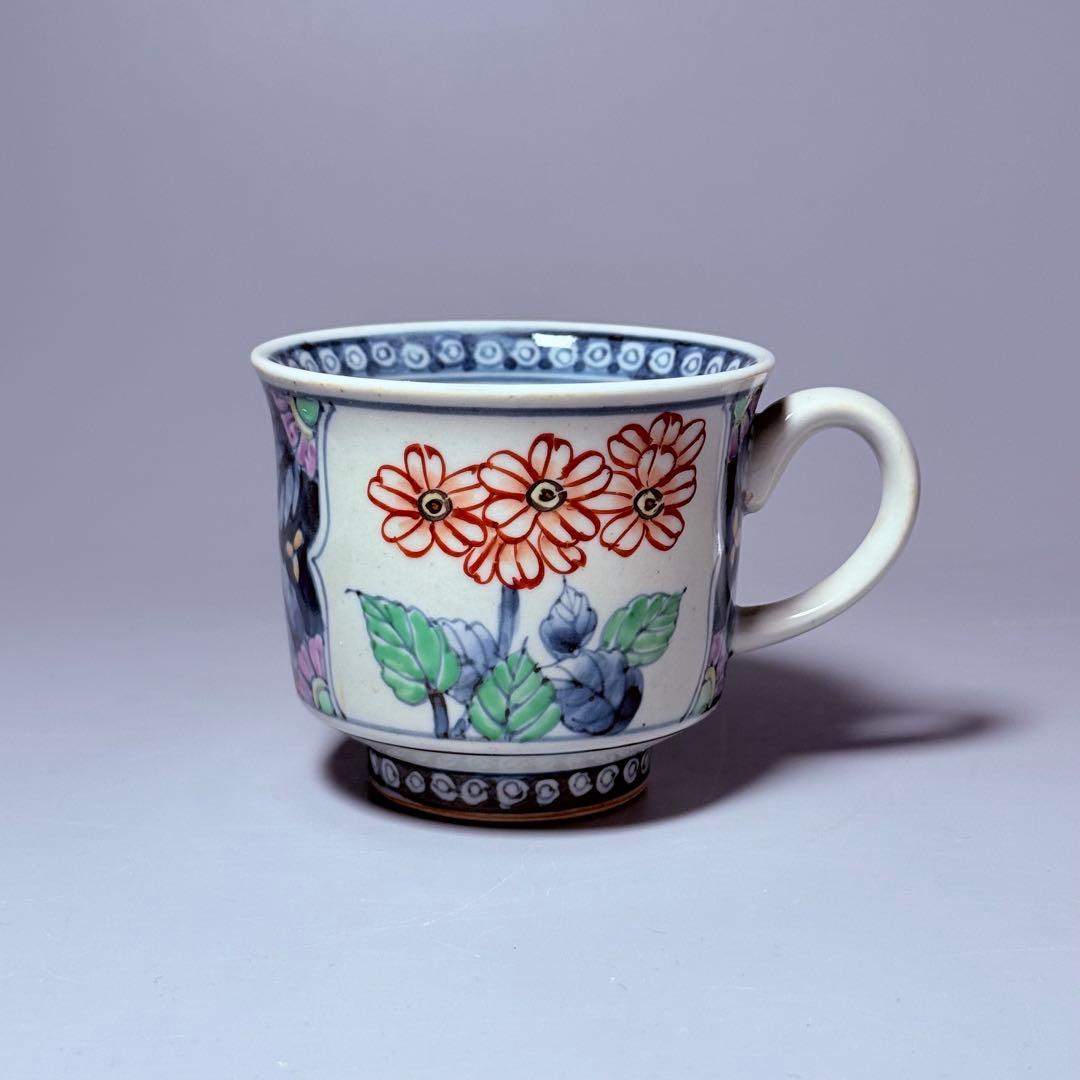 五代　佐藤走波　七十五才　染錦鉄仙花紋カップ＆ソーサー　コレクター放出品