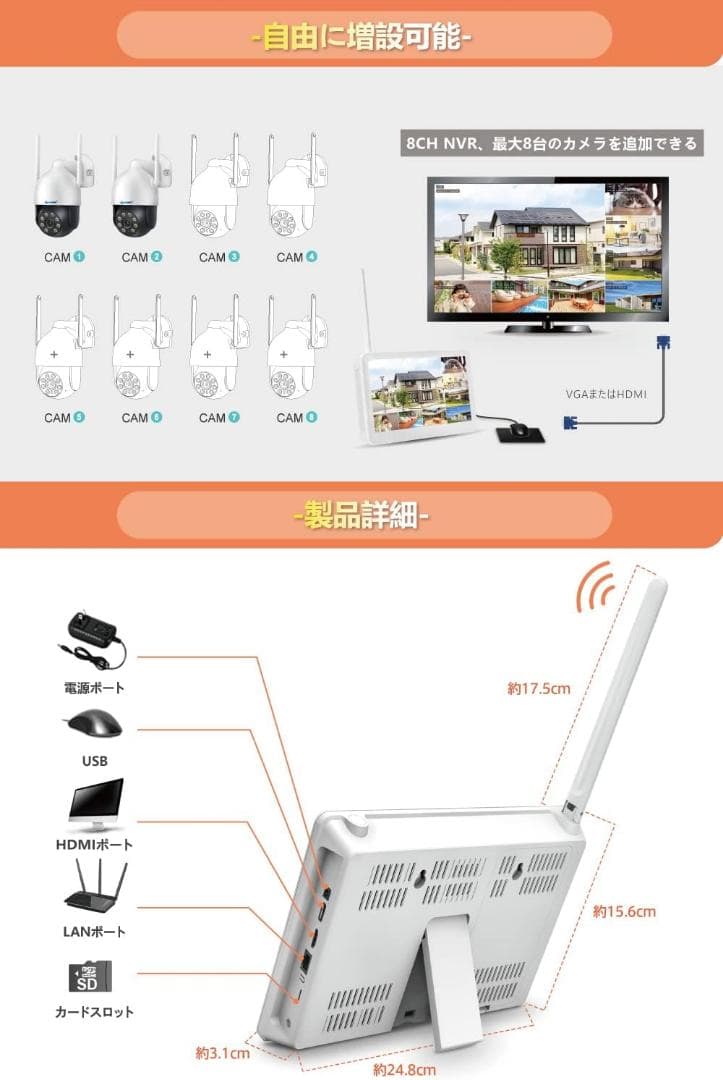 500万画素対応・360°全方位監視・夜間カラー撮影 防犯カメラ2台セット