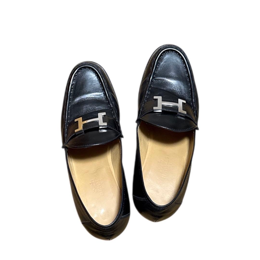 HERMES ブラック ヒール ローファー Hロゴ付き 箱付き