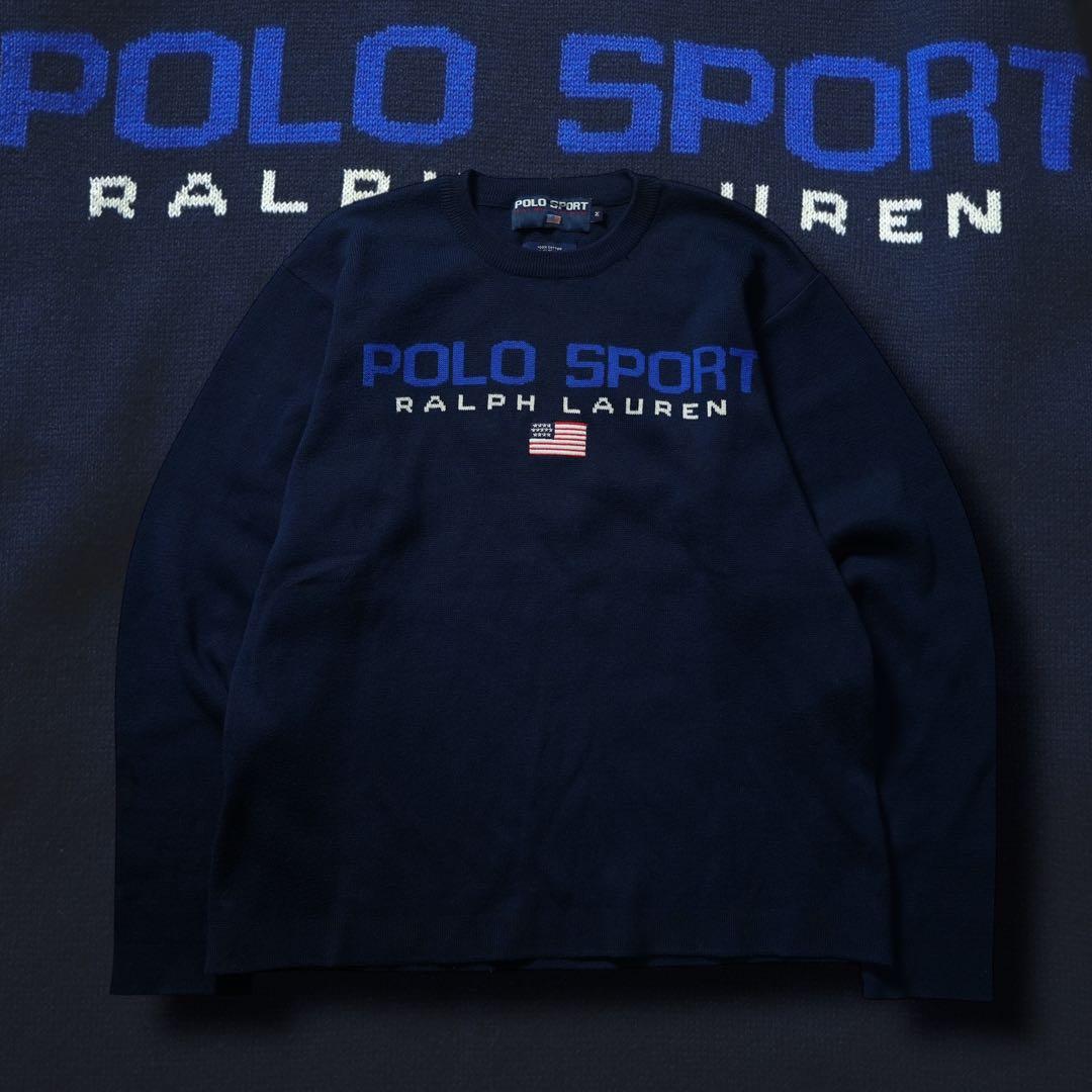 当時モノ 90s POLO SPORT ニット 星条旗 香港製 ネイビー