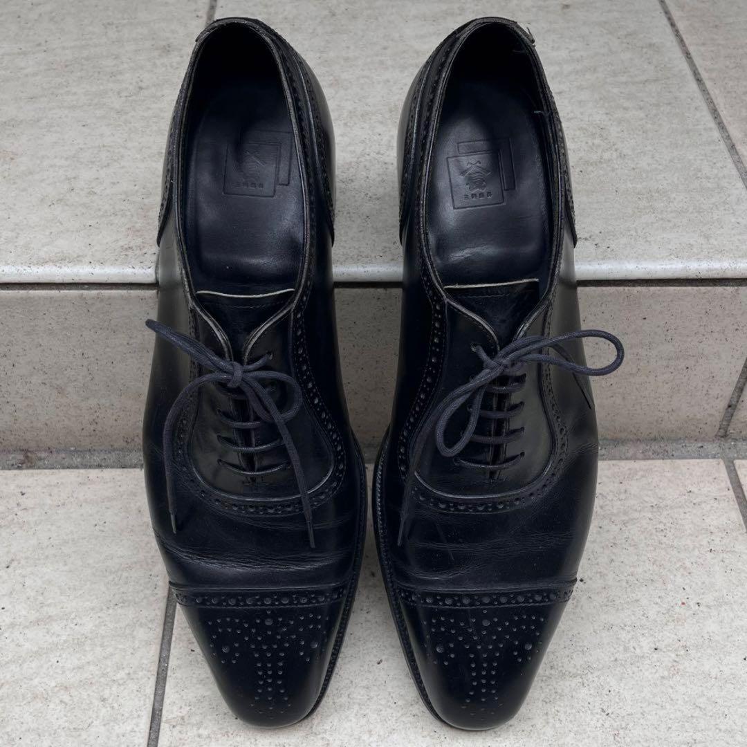 三陽山長 奏之介 革靴 ブラック セミブローグ 8 1/2 26.5cm