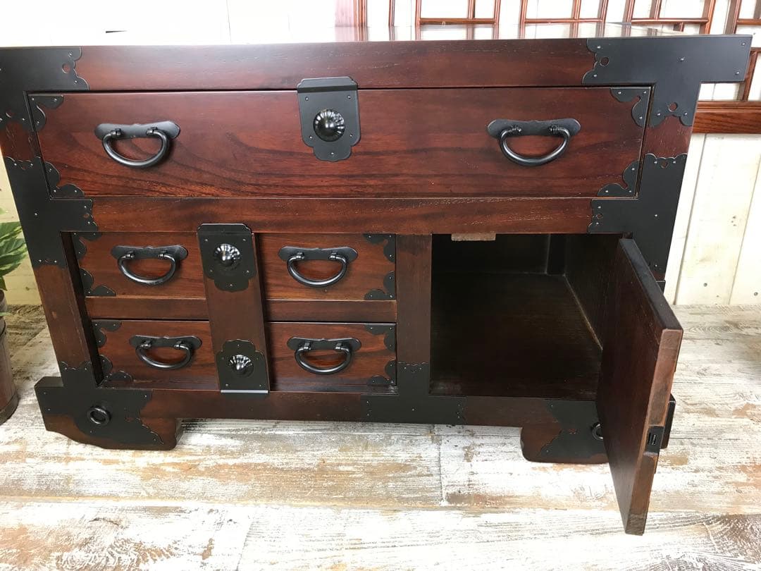 訳あり品！【83】民芸家具からくり車タンス L木製桐材天然無垢飾り棚収納チェスト