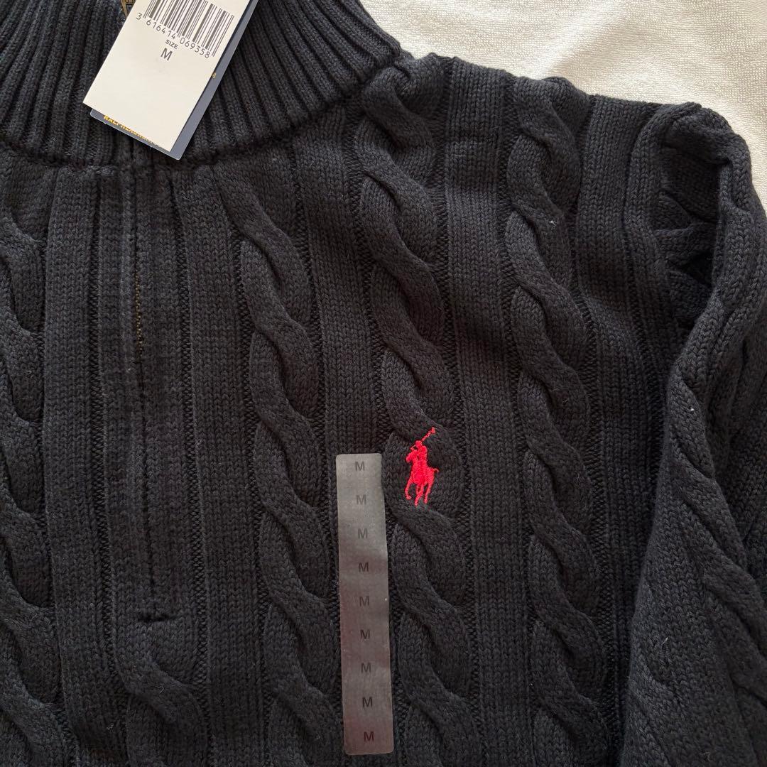 新品未使用 ポロラルフローレン ハーフジップ ケーブルニット M 黒 ブラック