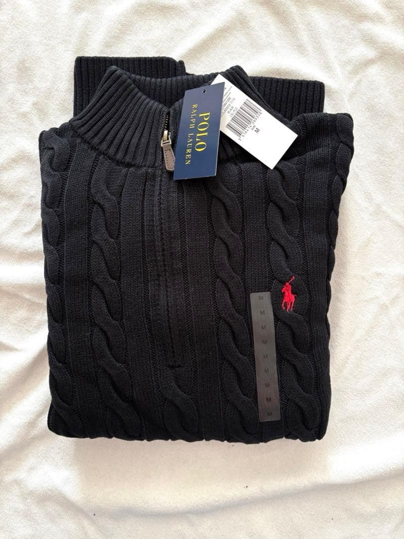 新品未使用 ポロラルフローレン ハーフジップ ケーブルニット M 黒 ブラック