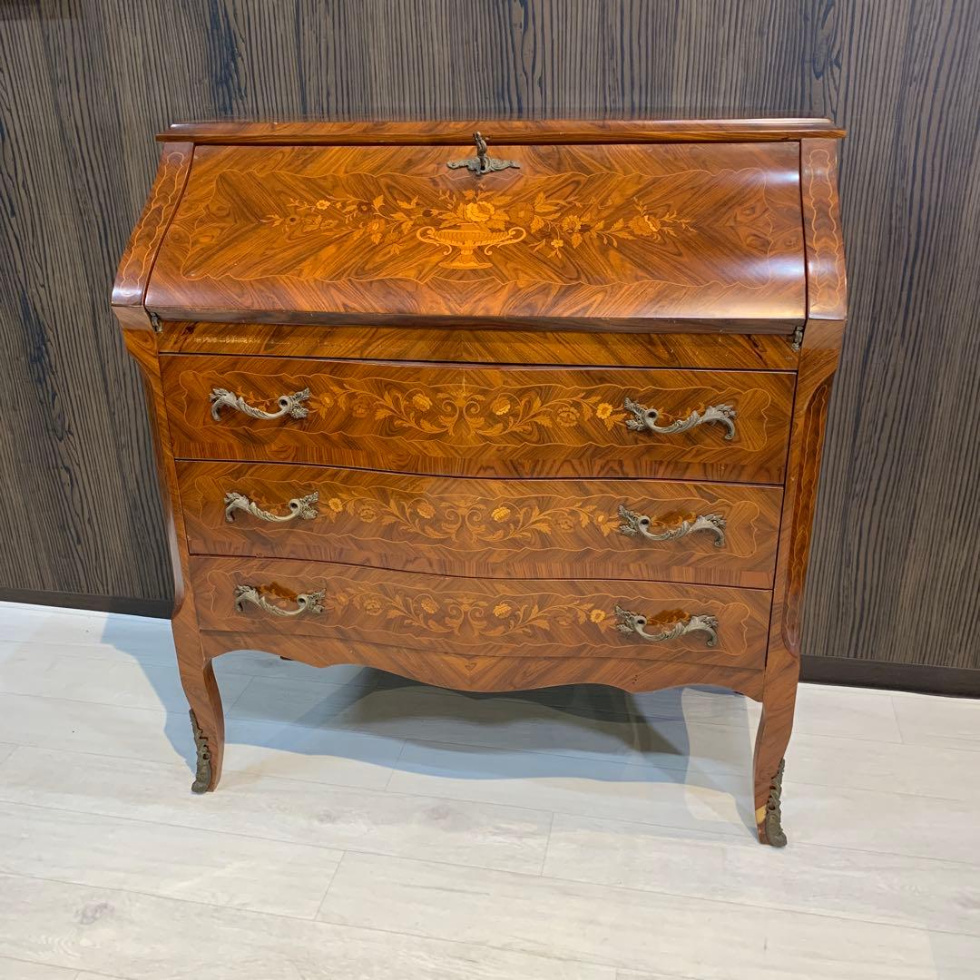 高級アンティーク　ライティングビューロー　チェスト　鍵付き　象嵌　猫脚　イタリア