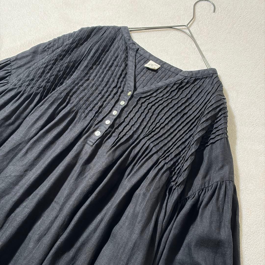 08mab ゼロハチマブ　ピンタック リネン ワンピース　ロング　麻100% 黒