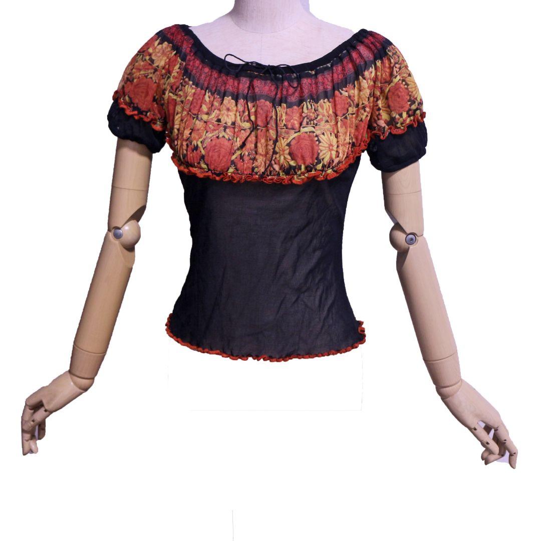 ジャンポールゴルチエ パワーネット パフスリーブ フラワープリント トップス