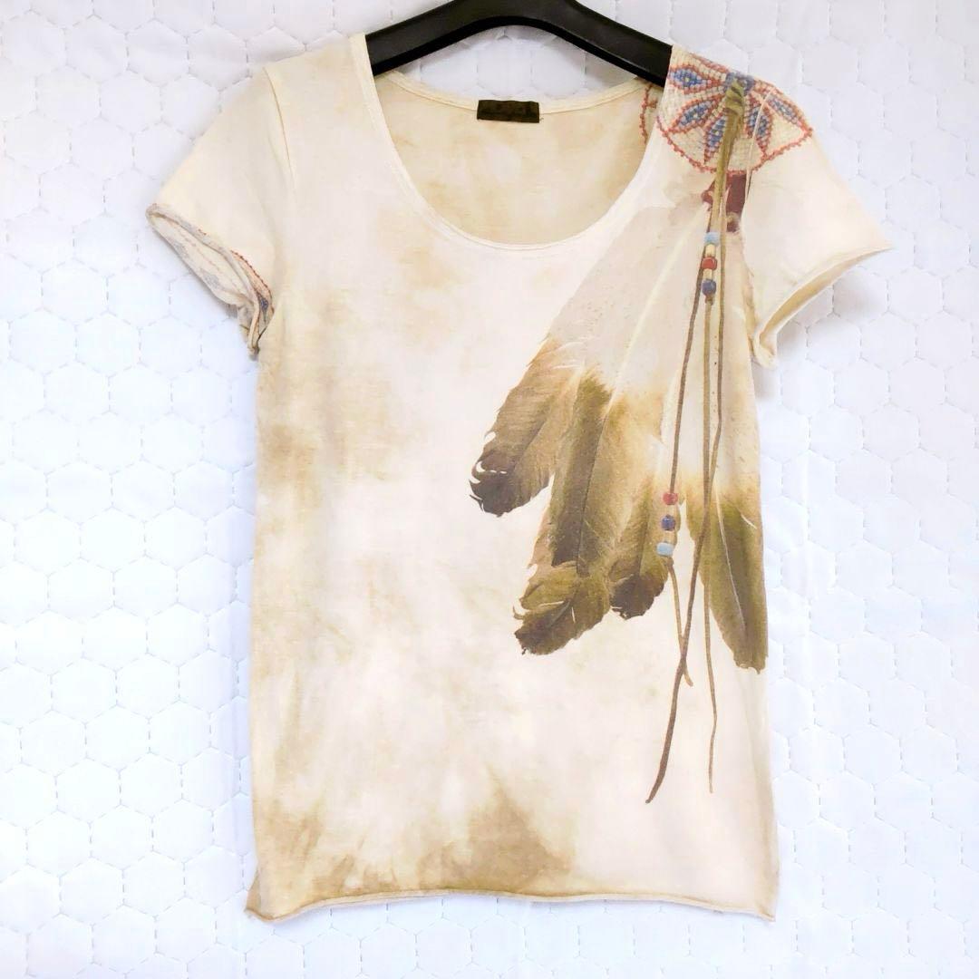 美品✨goa 半袖Tシャツ 羽根とビーズプリント 半袖Tシャツ
