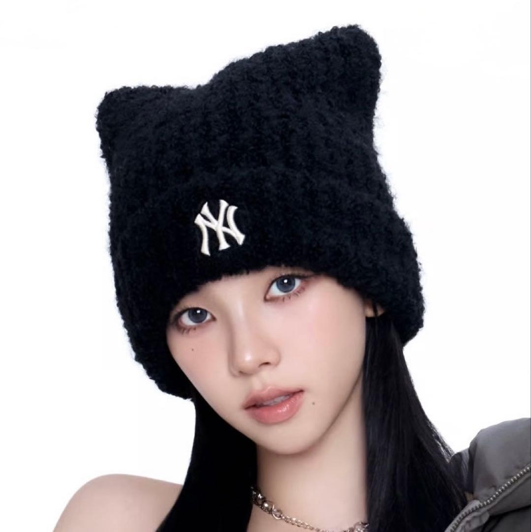新品　韓国　MLB korea 猫耳　ニット帽　ブラック　カリナ