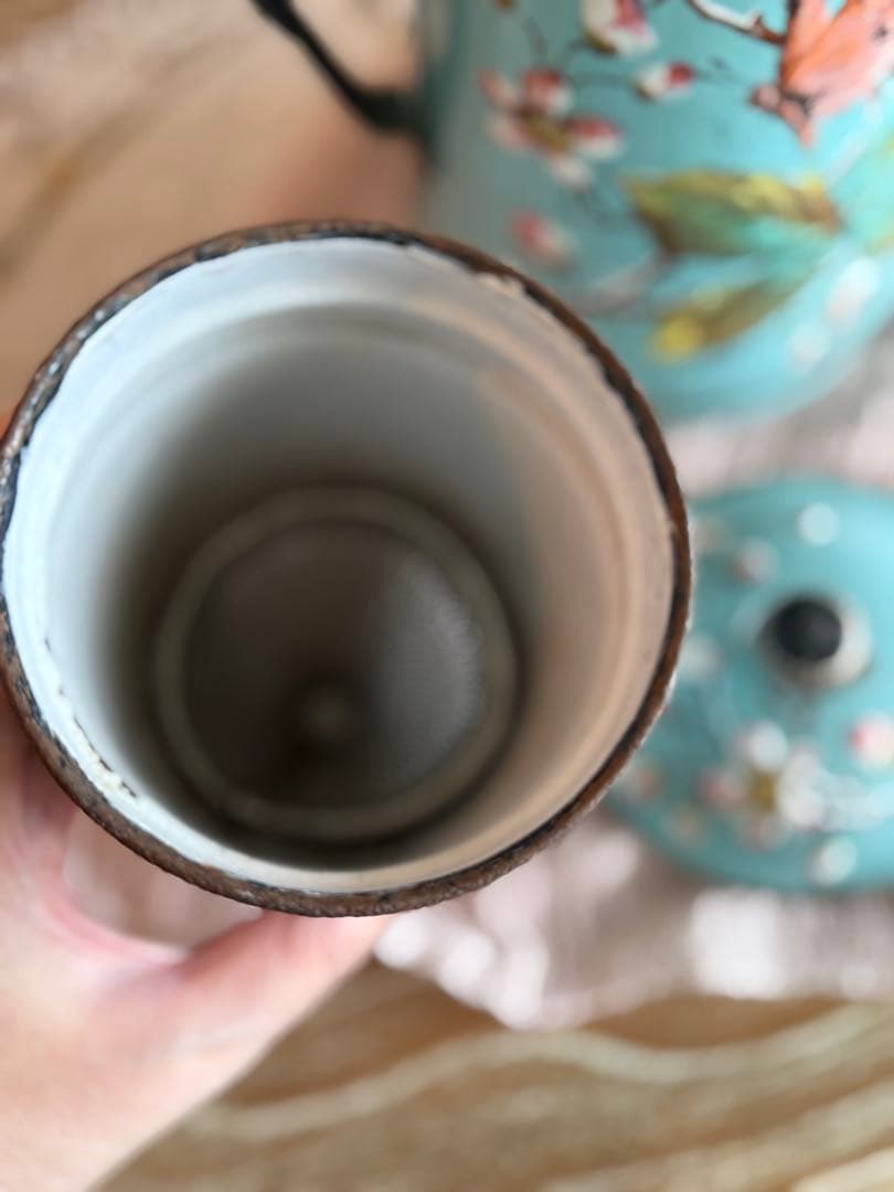 激レア！オールハンドペイントフランスアンティーク水色に小鳥柄のホーローポット