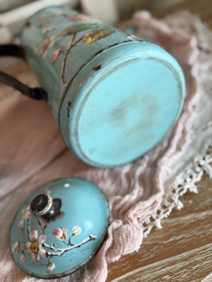 激レア！オールハンドペイントフランスアンティーク水色に小鳥柄のホーローポット