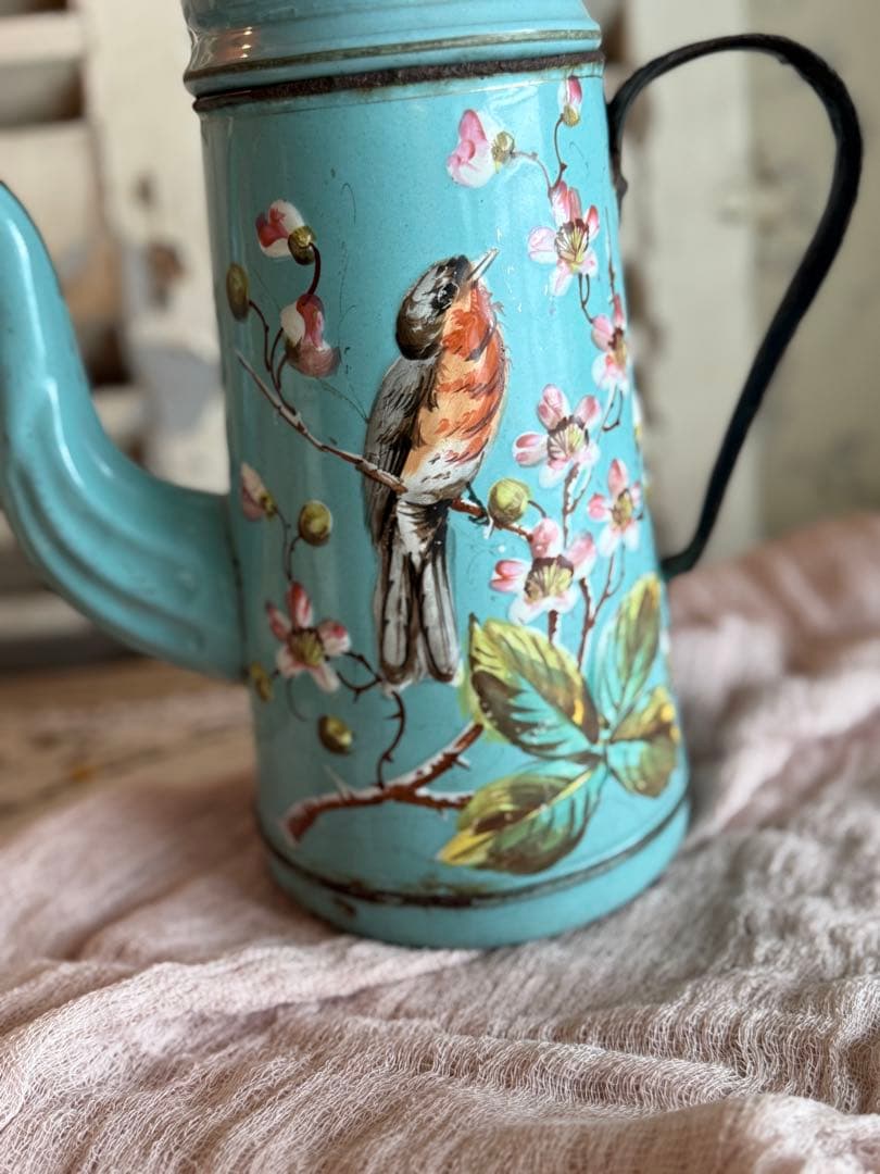 激レア！オールハンドペイントフランスアンティーク水色に小鳥柄のホーローポット