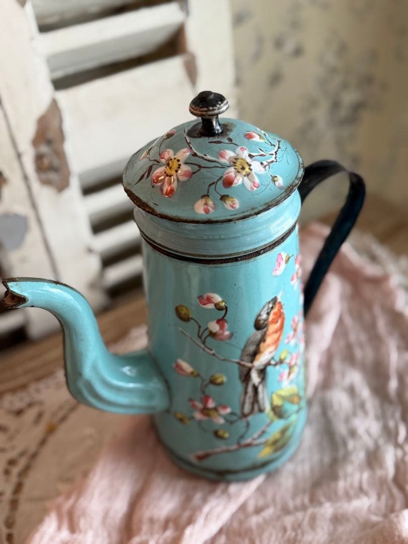 激レア！オールハンドペイントフランスアンティーク水色に小鳥柄のホーローポット