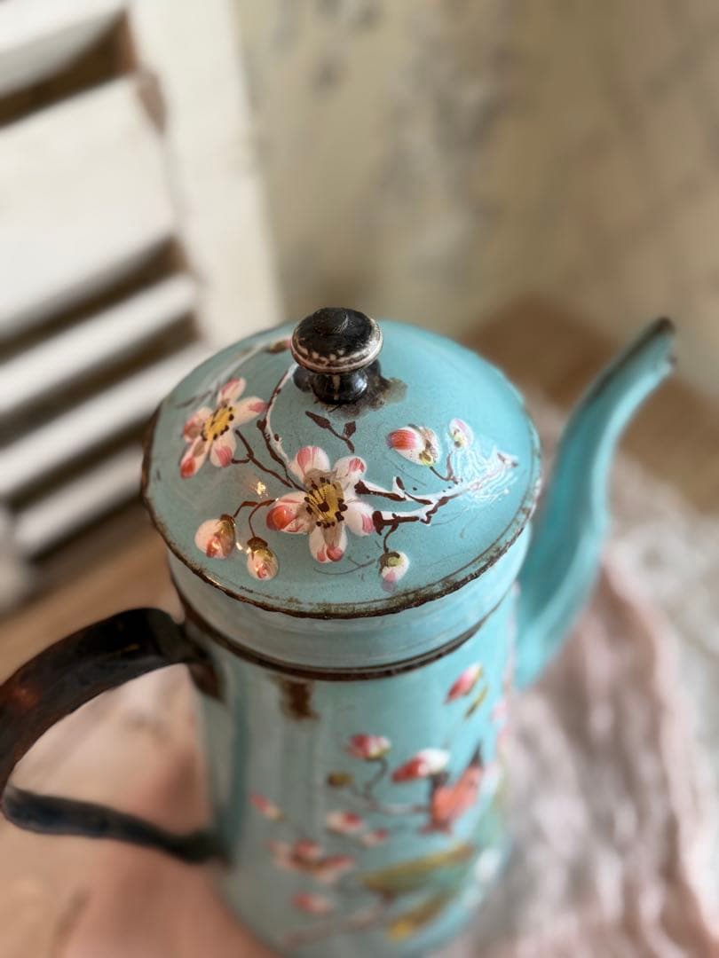 激レア！オールハンドペイントフランスアンティーク水色に小鳥柄のホーローポット