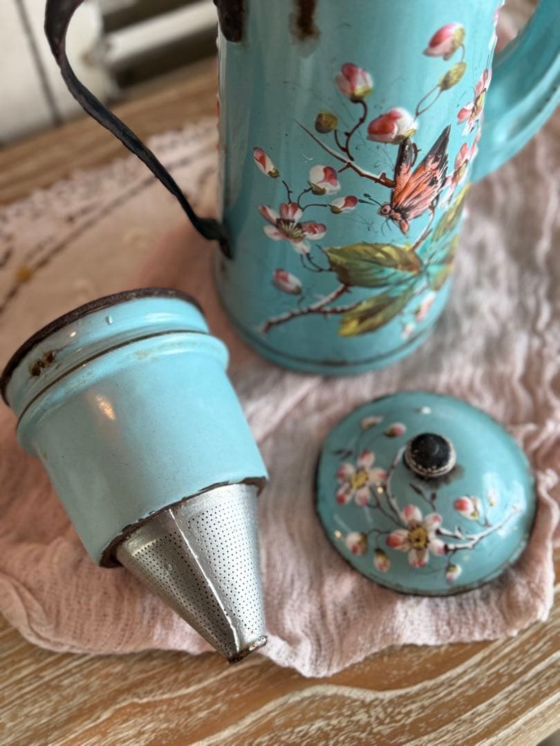 激レア！オールハンドペイントフランスアンティーク水色に小鳥柄のホーローポット