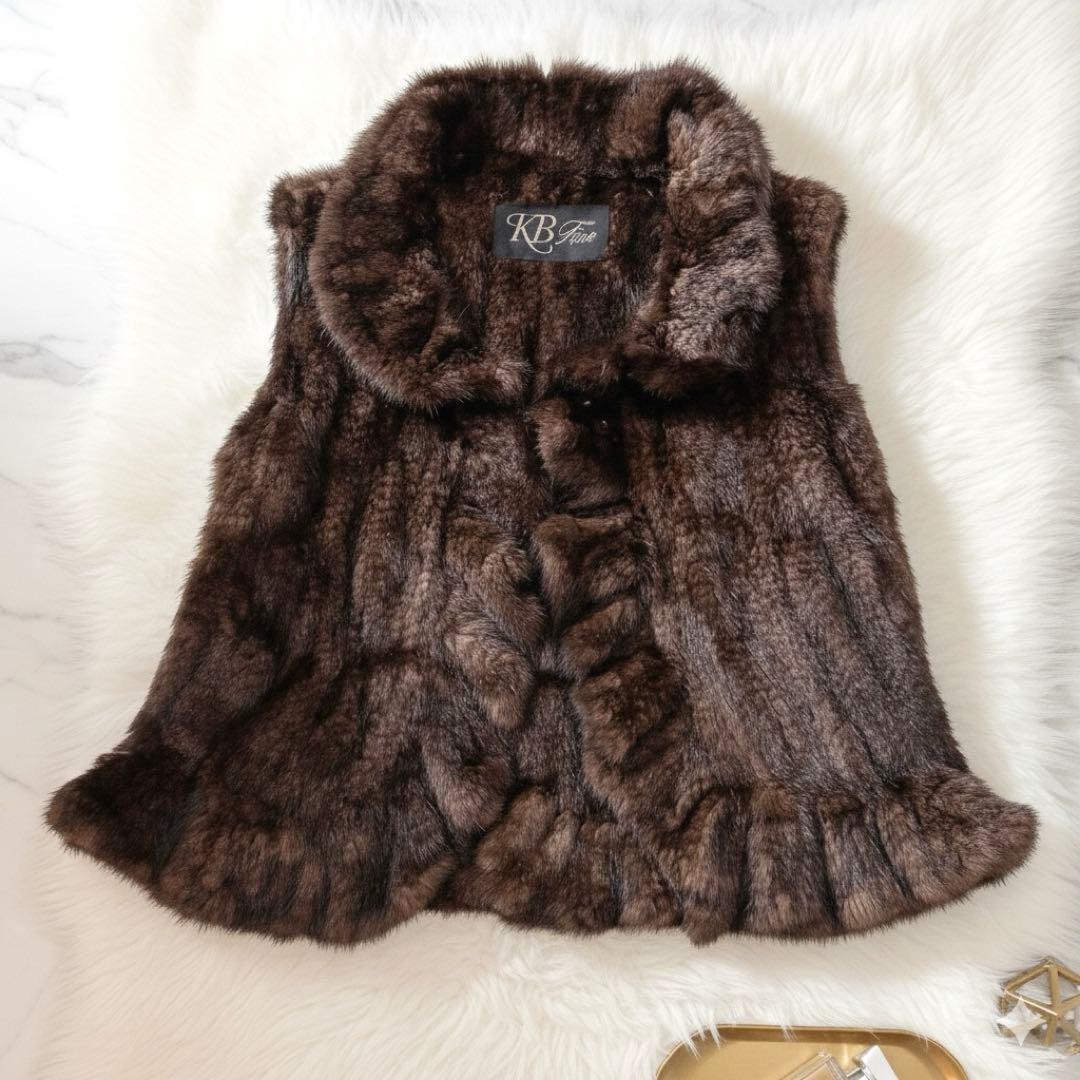 KBfur ミンク リアルファーベスト フレアシルエット ホック式 ブラウン