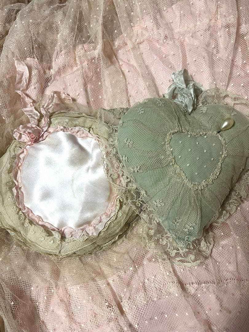 お値下げ　アンティーク　ハート　クッション レース　ドット　ピンク　セット