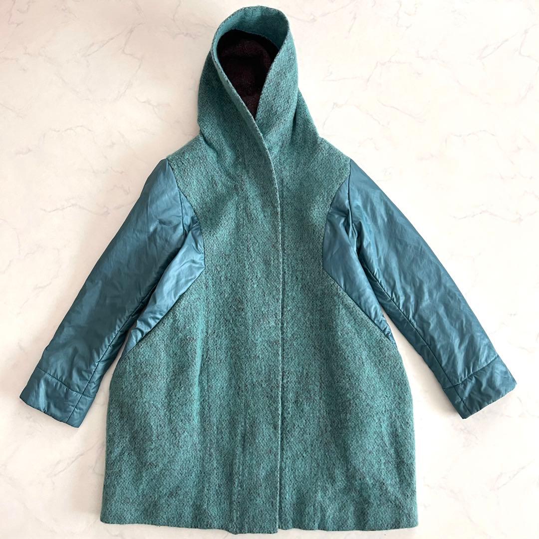 cubecube センソユニコ モヘヤMIX切替フーデットコート ブルーグリーン