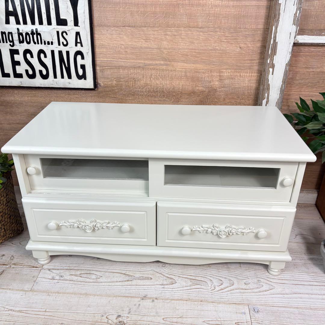 フレンチカントリー北欧調ホワイトガラステレビ台サイドボード飾り棚チェスト収納家具
