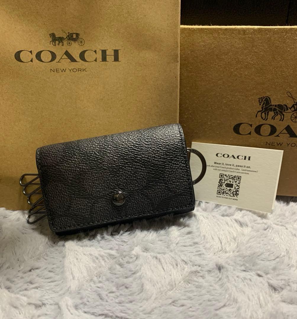 COACH ブラック シグネチャー レザー キーケース