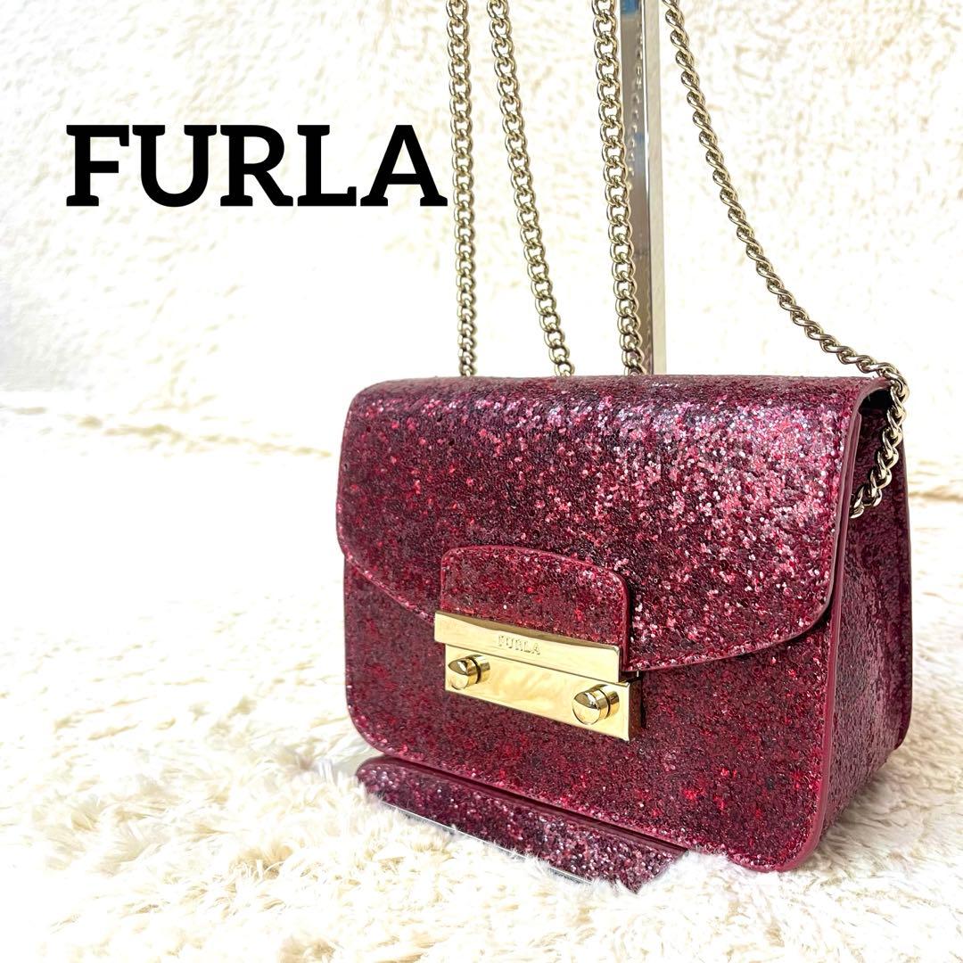FURLA メトロポリス チェーンバッグ ポシェット ミニホルダー ラメ レッド