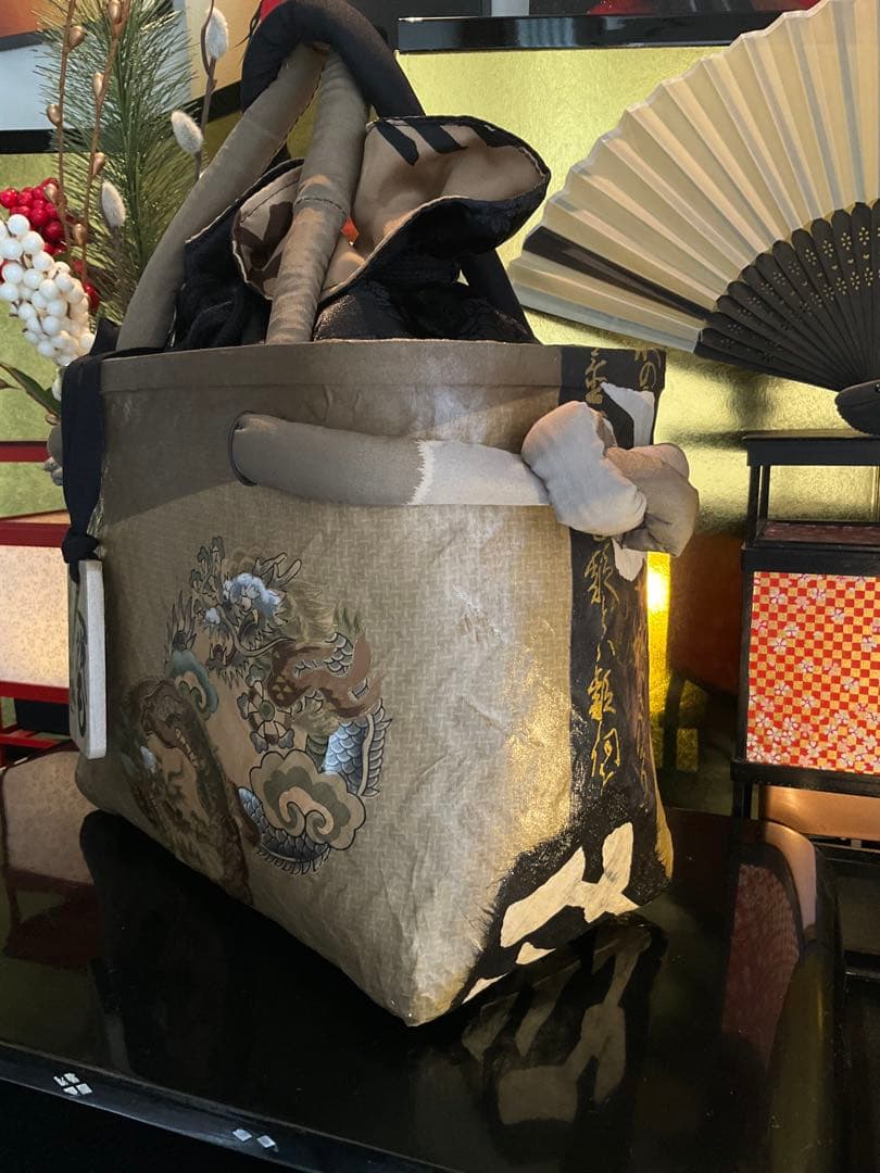 一閑張り　一閑張りバッグ　浮世絵　雲龍　古文書　和紙　竹籠　古布大正　着物　龍