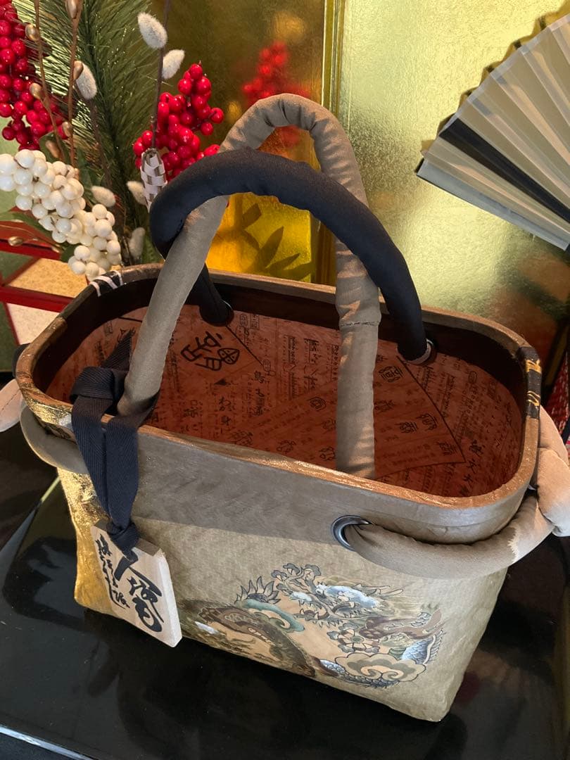 一閑張り　一閑張りバッグ　浮世絵　雲龍　古文書　和紙　竹籠　古布大正　着物　龍