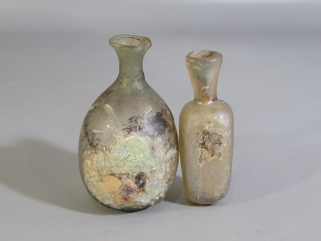 古代ローマングラス 銀化 小瓶 シリア 2個 発掘品 DT363