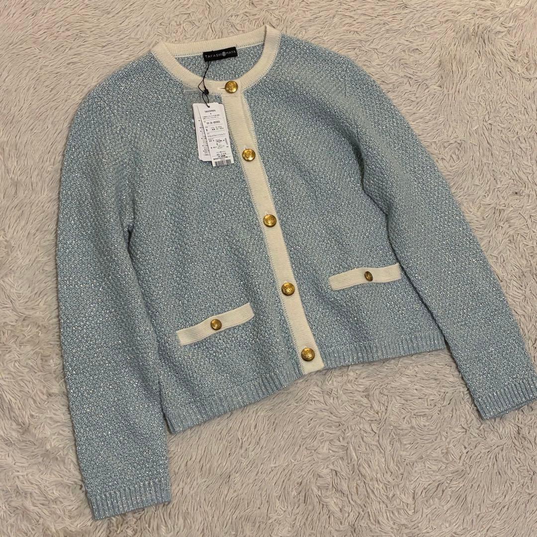 高島屋 未使用タグ付 カシミヤ ツイード 金ボタン ラメ ボレロ ノーカラー