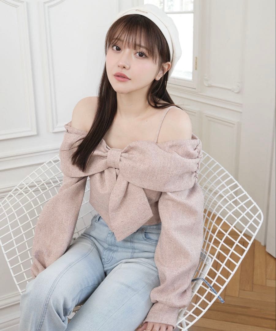 LIPSERVICE リボンオフショルロングスリーブトップス ピンク