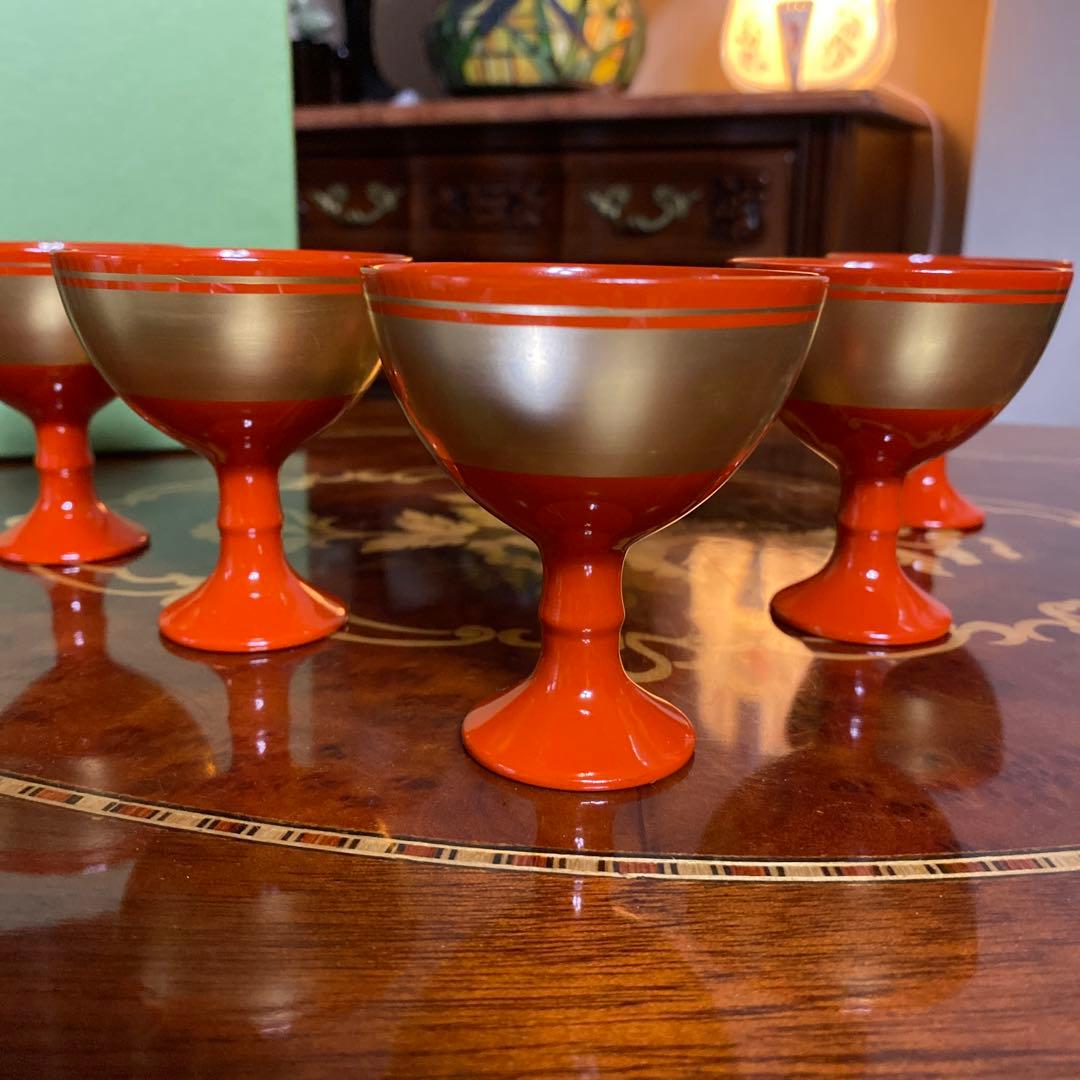 象彦　天然木　漆塗　うるし　酒器　高台　盃　珍味入れ　5つ　冷酒杯