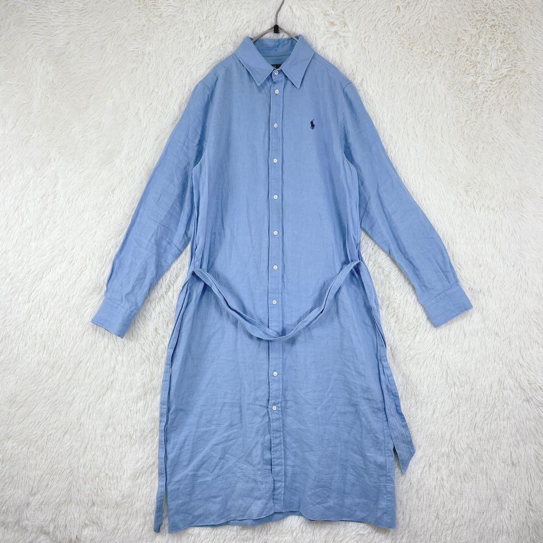 【ポロバイラルフローレン】長袖 シャツワンピース リネン100％ 6(S相当)