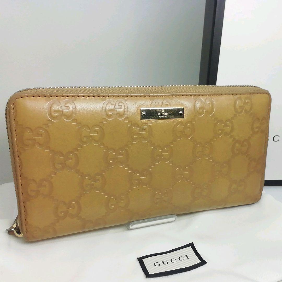 GUCCIグッチ　GGシマレザー　キャメル　ラウンドファスナー　保存袋・付属品