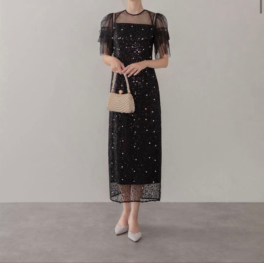 スパンコールパールミックス ボレロIラインワンピースドレス